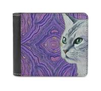 Jubonexis Purple Wood Grain Grey Cat Soft PU Leather Bifold Wallet, Coin Purse Credit Pass Case, Durable Card-Holder Slim Billfold for Men Woman Money Storage