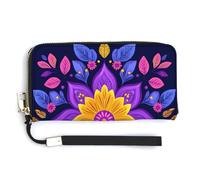 Jubonexis Purple Yellow Flowers Leaves Pattern PU Leather Clutch Long Bifold Wallet, Coin Purse Credit Pass Case, Durable Card-Holder Money Storage for Women Men