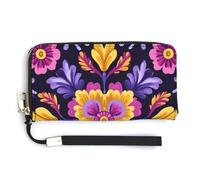 Jubonexis Purple Yellow Pink Flowers Pattern PU Leather Clutch Long Bifold Wallet, Coin Purse Credit Pass Case, Durable Card-Holder Money Storage for Women Men