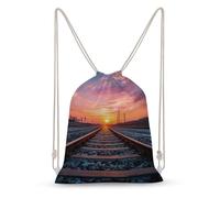Jubonexis Railroad Tracks at A Large Sunrise Drawstring Backpack Canvas String Bag Lightweight Sports Gym Bag for Men Women