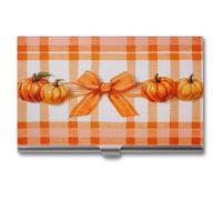 Jubonexis Range White Plaid Pattern Pumpkins Ribbon Bow Business Card Holder, Pocket Slim Metal Business Card Case for Women Men