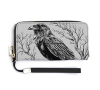 Jubonexis Raven Perched on Skull Holding A Coffee Cup PU Leather Clutch Long Bifold Wallet, Coin Purse Credit Pass Case, Durable Card-Holder Money Storage for Women Men