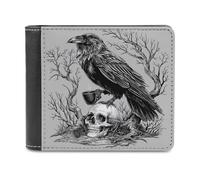 Jubonexis Raven Perched on Skull Holding A Coffee Cup Soft PU Leather Bifold Wallet, Coin Purse Credit Pass Case, Durable Card-Holder Slim Billfold for Men Woman Money Storage
