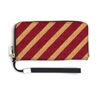 Jubonexis Red and Golden Beige Angled Stripe Pattern PU Leather Clutch Long Bifold Wallet, Coin Purse Credit Pass Case, Durable Card-Holder Money Storage for Women Men