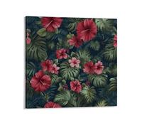 Jubonexis Red And Pink Hibiscus Flowers Canvas Wall Art Poster Painting Aesthetic Picture for Living Room Farmhouse Decor Unframed 16x16inch(40x40cm)