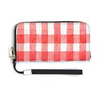 Jubonexis Red and White Check Plaid Watercolor PU Leather Clutch Long Bifold Wallet, Coin Purse Credit Pass Case, Durable Card-Holder Money Storage for Women Men
