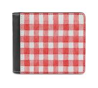 Jubonexis Red and White Check Plaid Watercolor Soft PU Leather Bifold Wallet, Coin Purse Credit Pass Case, Durable Card-Holder Slim Billfold for Men Woman Money Storage