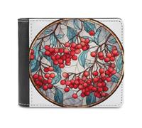 Jubonexis Red Berries Stained Glass Soft PU Leather Bifold Wallet, Coin Purse Credit Pass Case, Durable Card-Holder Slim Billfold for Men Woman Money Storage