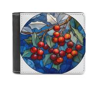 Jubonexis Red Berries with White Pine Tree Soft PU Leather Bifold Wallet, Coin Purse Credit Pass Case, Durable Card-Holder Slim Billfold for Men Woman Money Storage