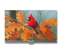 Jubonexis Red Bird on Oak Tree Orange Leaves Business Card Holder, Pocket Slim Metal Business Card Case for Women Men