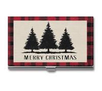 Jubonexis Red Black Plaid 3 Christmas Trees Business Card Holder, Pocket Slim Metal Business Card Case for Women Men