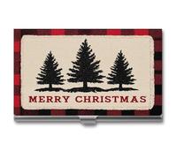 Jubonexis Red Black Plaid Trees Merry Christmas Business Card Holder, Pocket Slim Metal Business Card Case for Women Men