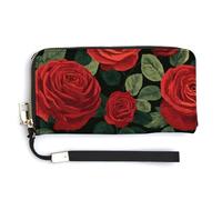 Jubonexis Red Bloom Roses PU Leather Clutch Long Bifold Wallet, Coin Purse Credit Pass Case, Durable Card-Holder Money Storage for Women Men