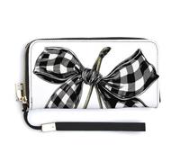 Jubonexis Red Cherries Black White Checkered Bow PU Leather Clutch Long Bifold Wallet, Coin Purse Credit Pass Case, Durable Card-Holder Money Storage for Women Men