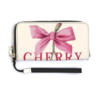 Jubonexis Red Cherries with Pink Bow PU Leather Clutch Long Bifold Wallet, Coin Purse Credit Pass Case, Durable Card-Holder Money Storage for Women Men