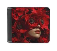Jubonexis Red Flowers Cover Woman Head Soft PU Leather Bifold Wallet, Coin Purse Credit Pass Case, Durable Card-Holder Slim Billfold for Men Woman Money Storage
