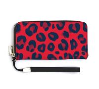 Jubonexis Red Leopard Print Pattern Dark Blue PU Leather Clutch Long Bifold Wallet, Coin Purse Credit Pass Case, Durable Card-Holder Money Storage for Women Men