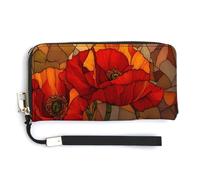 Jubonexis Red Poppies Stained Glass PU Leather Clutch Long Bifold Wallet, Coin Purse Credit Pass Case, Durable Card-Holder Money Storage for Women Men