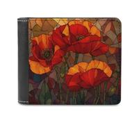 Jubonexis Red Poppies Stained Glass Soft PU Leather Bifold Wallet, Coin Purse Credit Pass Case, Durable Card-Holder Slim Billfold for Men Woman Money Storage