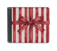 Jubonexis Red Ribbon on Striped Wrapping Paper Soft PU Leather Bifold Wallet, Coin Purse Credit Pass Case, Durable Card-Holder Slim Billfold for Men Woman Money Storage