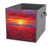 Jubonexis Red Sunset over Field of Poppies Cube Storage Bins Storage Cubes Foldable Decorative Fabric Storage Baskets Home Organizers with Handles for Shelves,Closet, 27x27 CM