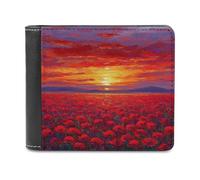 Jubonexis Red Sunset Over Field of Poppies Soft PU Leather Bifold Wallet, Coin Purse Credit Pass Case, Durable Card-Holder Slim Billfold for Men Woman Money Storage