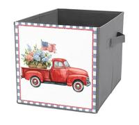 Jubonexis Red Truck with Flowers in The Bed American Flag Cube Storage Bins Storage Cubes Foldable Decorative Fabric Storage Baskets Home Organizers with Handles for Shelves,Closet, 27x27 CM