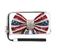 Jubonexis Red White Blue American Flag Bow PU Leather Clutch Long Bifold Wallet, Coin Purse Credit Pass Case, Durable Card-Holder Money Storage for Women Men