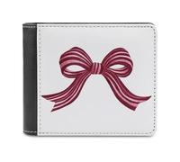 Jubonexis Red White Striped Ribbon Bow Soft PU Leather Bifold Wallet, Coin Purse Credit Pass Case, Durable Card-Holder Slim Billfold for Men Woman Money Storage