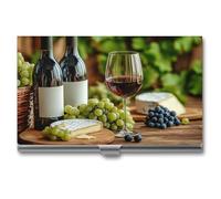 Jubonexis Red Wine Bottles Glass Green Grapes Business Card Holder, Pocket Slim Metal Business Card Case for Women Men