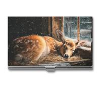 Jubonexis Reindeer Sleeping in The Barn Business Card Holder, Pocket Slim Metal Business Card Case for Women Men