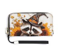 Jubonexis Retro Wooden Sign Raccoon Pumpkin PU Leather Clutch Long Bifold Wallet, Coin Purse Credit Pass Case, Durable Card-Holder Money Storage for Women Men