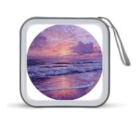 Jubonexis Round Beach Scene Waves Purple Pink CD Case DVD Storage Case Portable for Car Home Travel