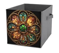 Jubonexis Round Lucky Coin in Stained Glass Cube Storage Bins Storage Cubes Foldable Decorative Fabric Storage Baskets Home Organizers with Handles for Shelves,Closet, 27x27 CM