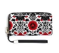 Jubonexis Russian Folk Art Floral Pattern Red Black PU Leather Clutch Long Bifold Wallet, Coin Purse Credit Pass Case, Durable Card-Holder Money Storage for Women Men