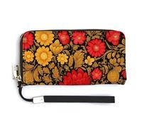 Jubonexis Russian Folk Art Floral Pattern Red Flowers PU Leather Clutch Long Bifold Wallet, Coin Purse Credit Pass Case, Durable Card-Holder Money Storage for Women Men