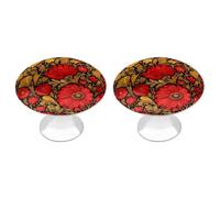 Jubonexis Russian Folk Art Floral Pattern Red Flowers Round Drawer Cabinet Knobs Handles with Screws,2 Pcs, Drawer Dresser Knob Pulls Decor for Wardrobe Cupboard Home Office Kitchen