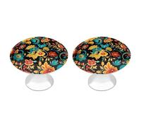 Jubonexis Russian Folk Art Floral Pattern Yellow Red Flowers Round Drawer Cabinet Knobs Handles with Screws,2 Pcs, Drawer Dresser Knob Pulls Decor for Wardrobe Cupboard Home Office Kitchen