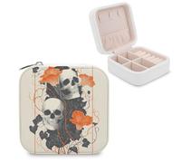 Jubonexis Rustic Halloween Skull And Flower Small Jewelry Box Jewelry Organizer Portable PU Leather Mini Travel Jewelry Case