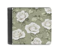 Jubonexis Sage Green and White Rose Pattern Soft PU Leather Bifold Wallet, Coin Purse Credit Pass Case, Durable Card-Holder Slim Billfold for Men Woman Money Storage