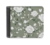 Jubonexis Sage Green White Rose Pattern Soft PU Leather Bifold Wallet, Coin Purse Credit Pass Case, Durable Card-Holder Slim Billfold for Men Woman Money Storage
