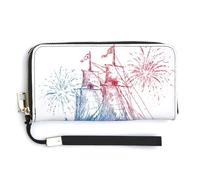 Jubonexis Sailing Ship with The American Flag PU Leather Clutch Long Bifold Wallet, Coin Purse Credit Pass Case, Durable Card-Holder Money Storage for Women Men