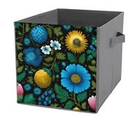 Jubonexis Scandinavian Folk Art Blue Flower Cube Storage Bins Storage Cubes Foldable Decorative Fabric Storage Baskets Home Organizers with Handles for Shelves,Closet, 27x27 CM