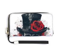 Jubonexis Scary Distressed Skull in Top Hat Red Rose PU Leather Clutch Long Bifold Wallet, Coin Purse Credit Pass Case, Durable Card-Holder Money Storage for Women Men
