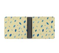 Jubonexis Scattered Blue Leaf Motifs on Yellow Soft PU Leather Bifold Wallet, Coin Purse Credit Pass Case, Durable Card-Holder Slim Billfold for Men Woman Money Storage