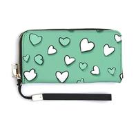 Jubonexis Scattered Green Hearts on Mint PU Leather Clutch Long Bifold Wallet, Coin Purse Credit Pass Case, Durable Card-Holder Money Storage for Women Men