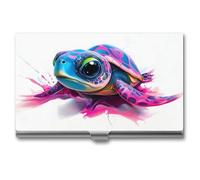 Jubonexis Sea Turtle with A Psychedelic Shell Business Card Holder, Pocket Slim Metal Business Card Case for Women Men