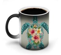 Jubonexis Sea Turtle with Hibiscus Flowers Pattern Diamonds Color Changing Mugs Heat Changing Ceramic Coffee Mug Novelty Funny Tea Water Cup 11OZ