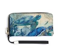 Jubonexis Sea Turtles Starfish Vintage Map PU Leather Clutch Long Bifold Wallet, Coin Purse Credit Pass Case, Durable Card-Holder Money Storage for Women Men