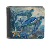 Jubonexis Sea Turtles Starfish Vintage Map Soft PU Leather Bifold Wallet, Coin Purse Credit Pass Case, Durable Card-Holder Slim Billfold for Men Woman Money Storage